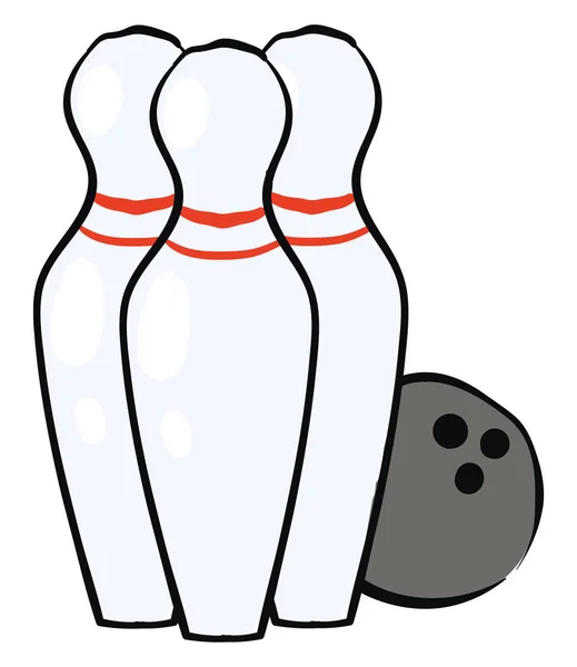 Bowling klot och tre vita stift, vektor-eller färg illustration — Stock vektor