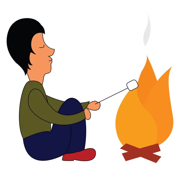 Clipart of a man roasting a perfect marshmallow over a campfire, — Stock Vector