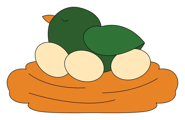 Clipart van een schattige kleine groene kip rusten op een nest met th — Stockvector