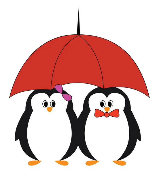 Evergreen mignon et beau couple de pingouins sous le même parasol rouge — Image vectorielle