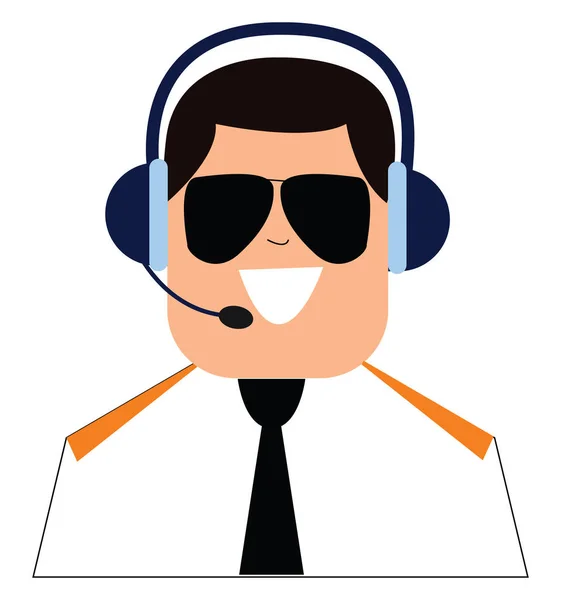 Clipart van pilot met de headset en het regelen van het vliegtuig, — Stockvector