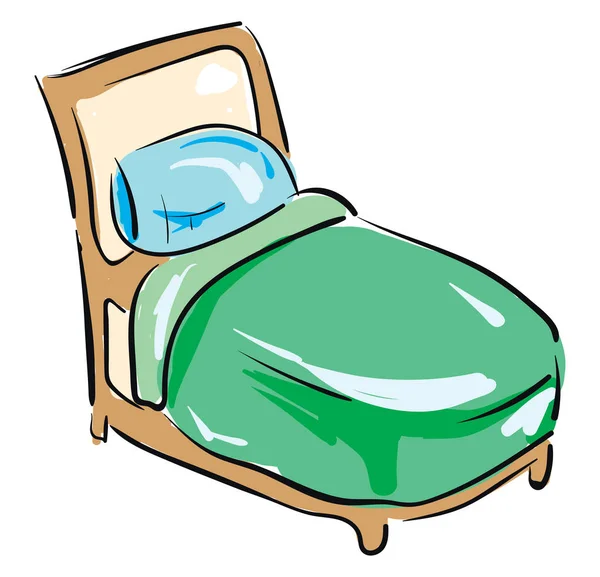 Brun säng med grön filt, vektor eller färg illustration. — Stock vektor