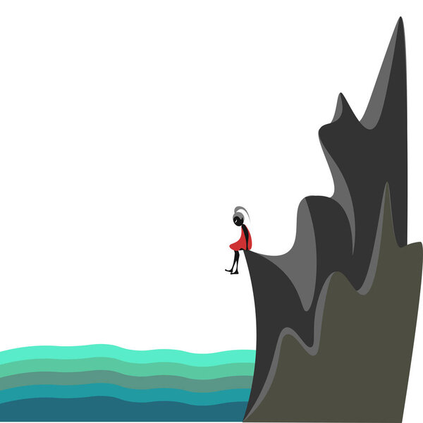 A girl on the cliff, vector or color illustration. 