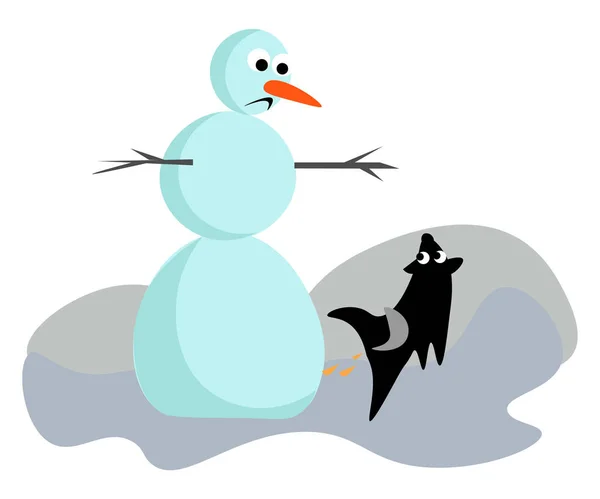 悲しい雪だるまと黒い犬が近くを走るクリップアート、ベクトル — ストックベクタ
