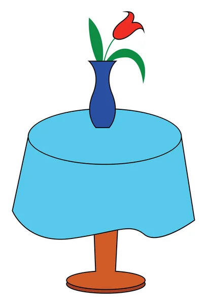 Blaue Blumenvase mit roten Tulpen auf einem runden Holztisch — Stockvektor