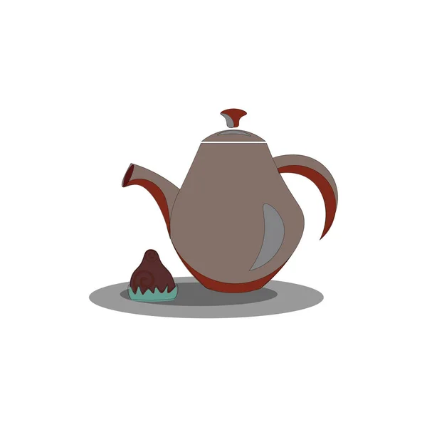 Clipart of a brown teapot and a candy symbolize evening tea time — Stock Vector