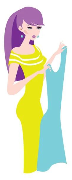 Clipart de una mujer bonita en un pelo púrpura sostiene una manga azul — Vector de stock