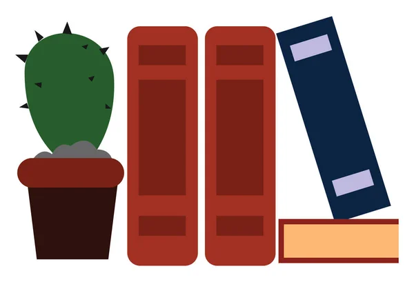 Image of books and cactus plant in a tub, vector or color illust — Stock Vector