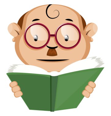 Komik insan emoji yeşil bir kitap okuma, illüstrasyon, vektör 