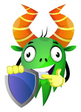 Mavi kalkan tutan gülümseyen canavar, illüstrasyon, w vektör