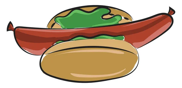 Sebuah sosis panjang hot dog dengan saus hijau, vektor atau ilusi warna - Stok Vektor