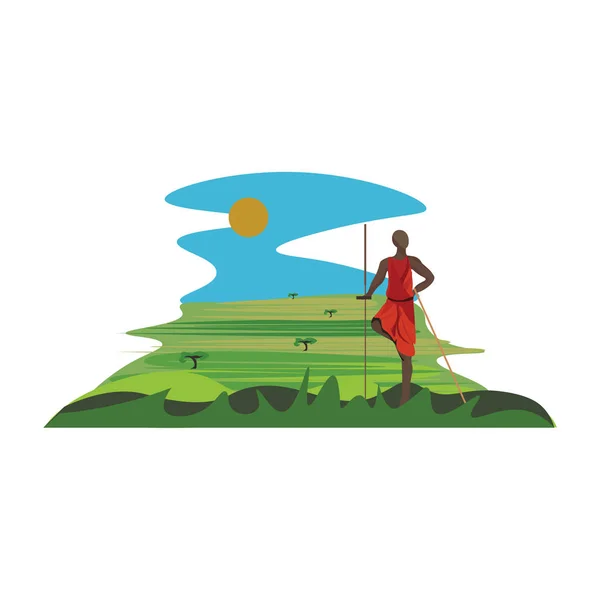 Een hoge Maasai Warrior over graslanden, vector of kleur kijken — Stockvector