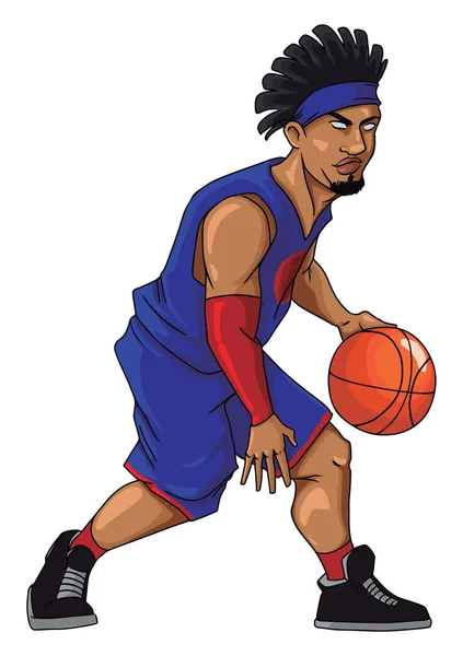 Basketspelare i lila Jersey dribbling, illustration, non — Stock vektor