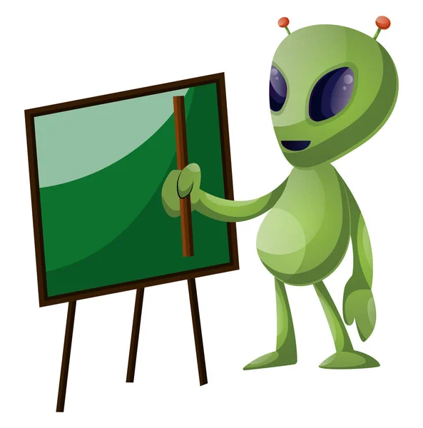 Extraterrestre con pizarra, ilustración, vector sobre fondo blanco . — Vector de stock