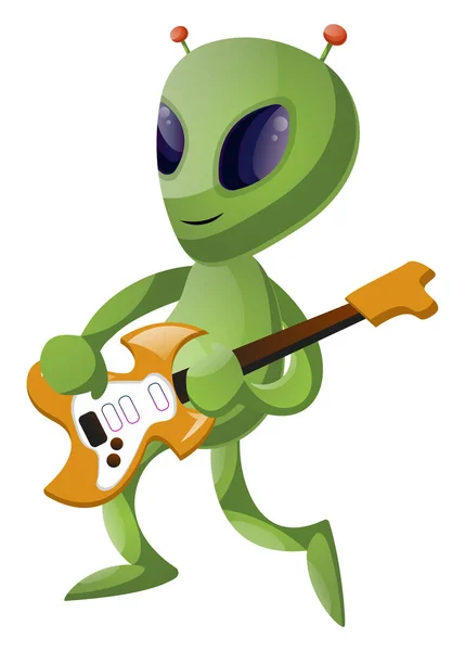 Alien met gitaar, illustratie, vector op witte achtergrond. — Stockvector