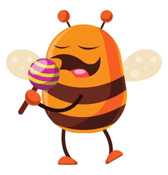 Bee sta tenendo un lecca-lecca, illustrazione, vettore su sfondo bianco — Vettoriale Stock
