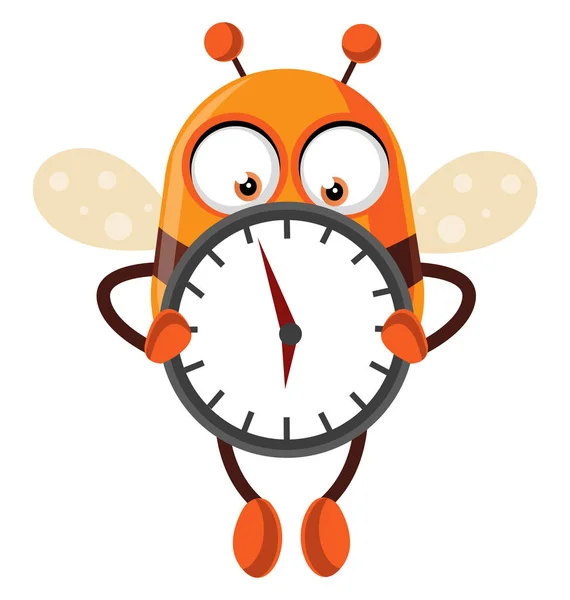 Bee houden een klok, illustratie, vector op witte achtergrond. — Stockvector