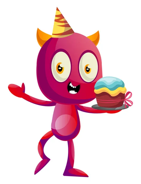 Diable avec gâteau d'anniversaire, illustration, vecteur sur fond blanc — Image vectorielle