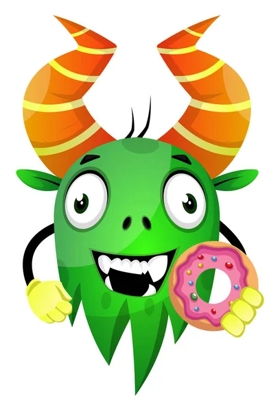 Happy monster holding a donut, illustration, vector on white bac — Stock Vector