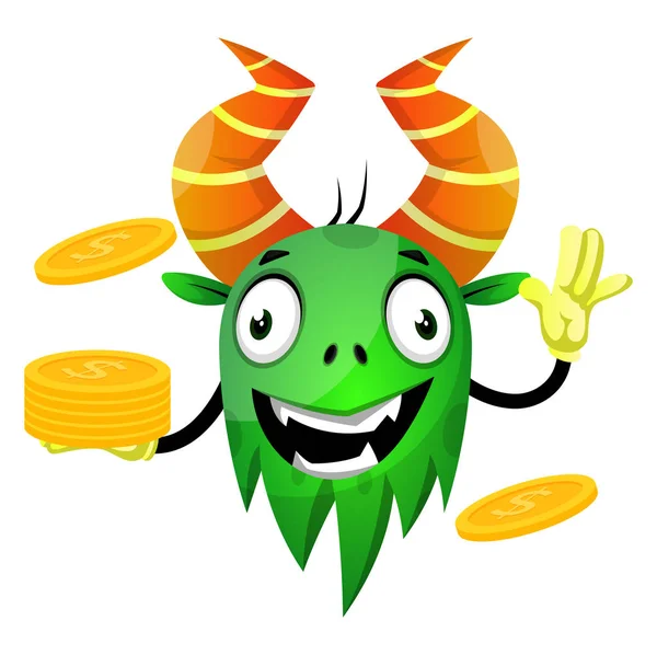 Monster with coins, illustration, vector on white background. — Stock Vector