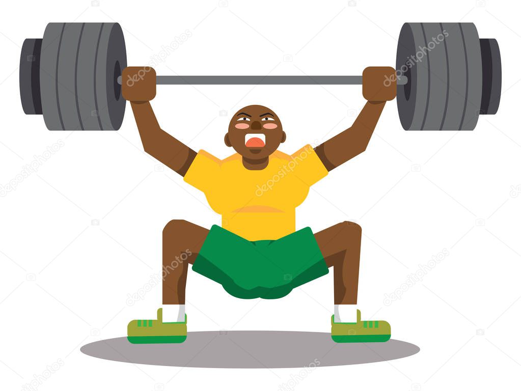 Black man doing snatch with weights, illustration, vector on whi