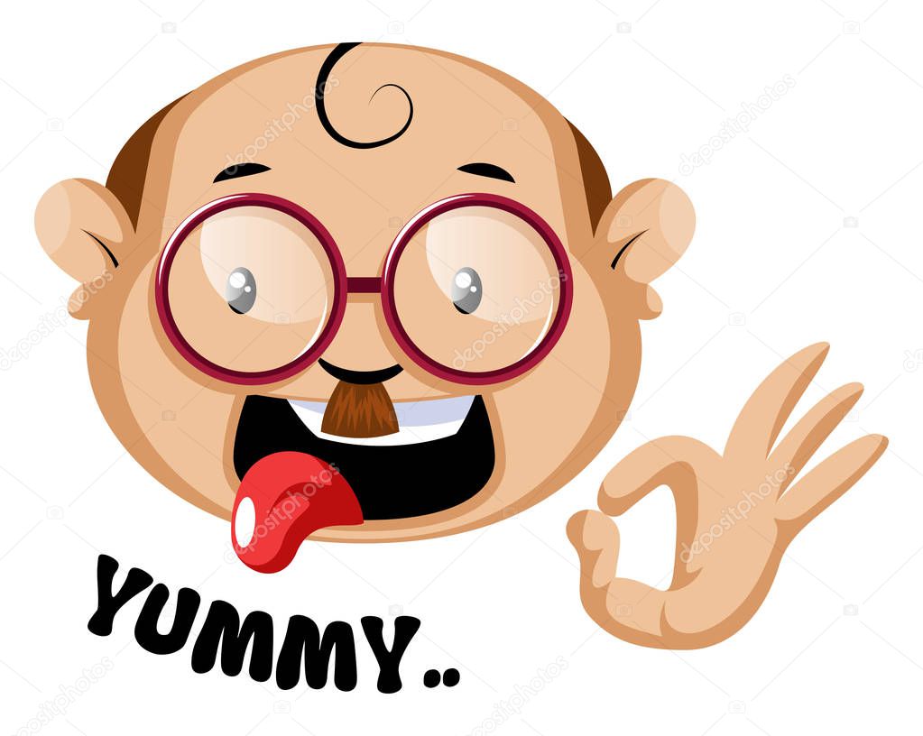 Funny human emoji with a yummy symbol and letters, illustration, vector on white background.