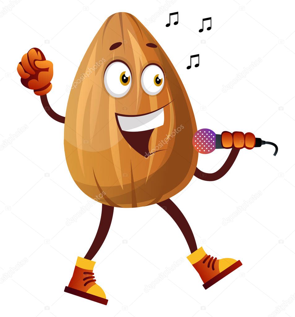 Almond nut singing karaoke, illustration, vector on white backgr