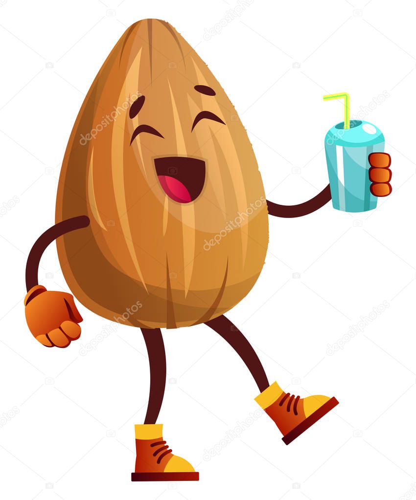 Almond drinking soda from blue cup, illustration, vector on whit