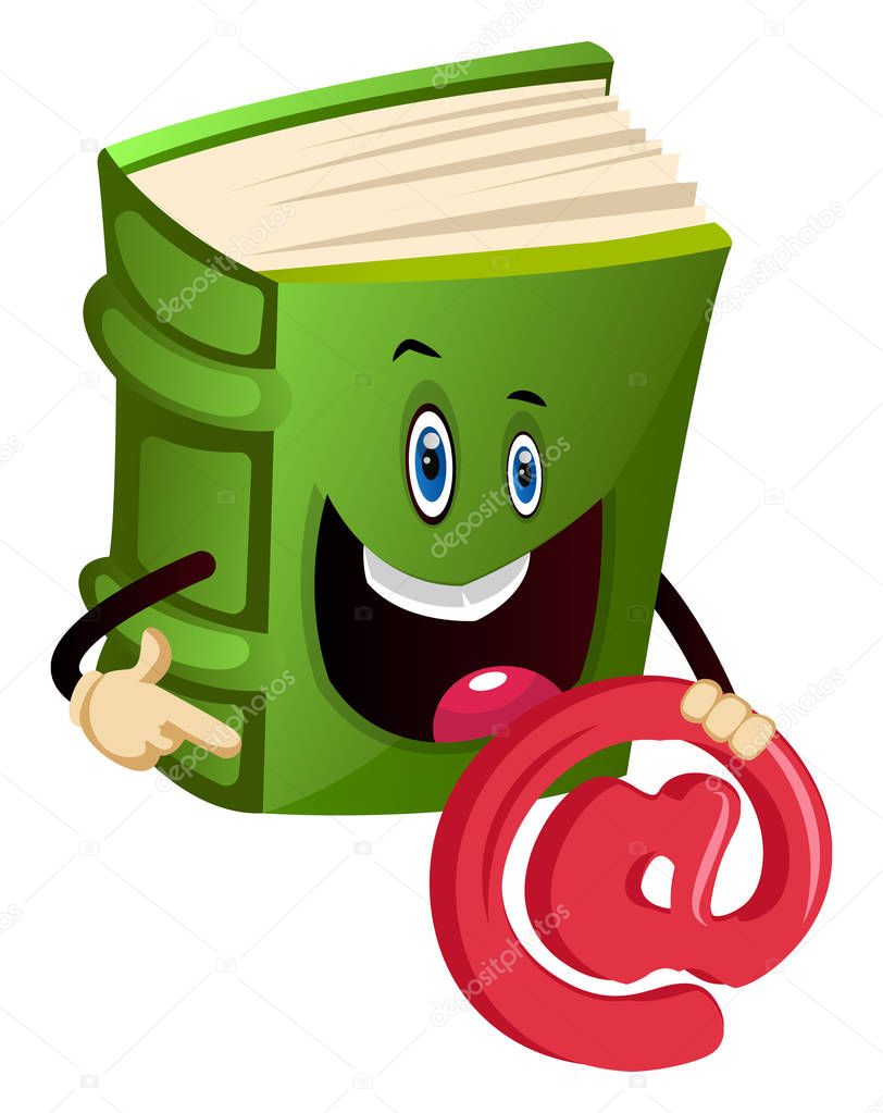 Green book holding an at-sign, illustration, vector on white bac