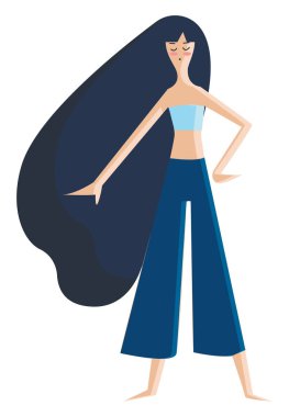 Mavi uzun saçlı, vektör veya renk illüstrasyonlu bir kız.