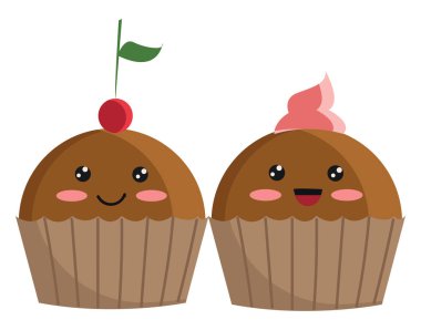 Kiraz ve krema topingler, vektör veya renk illu ile 2 muffins