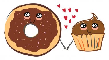 Bir donut ve el ele tutuşan bir cupcake, vektör veya renk illustratio