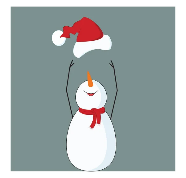 Pupazzo di neve con cappello volante, vettore o illustrazione a colori . — Vettoriale Stock