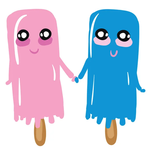 Розовое и голубое мороженое, держащееся за руки, вектор или цветной иллюстр — стоковый вектор