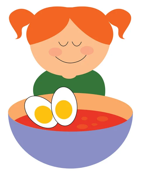 Flicka med rött hår äta en skål med soppa, illustration, vektor o — Stock vektor