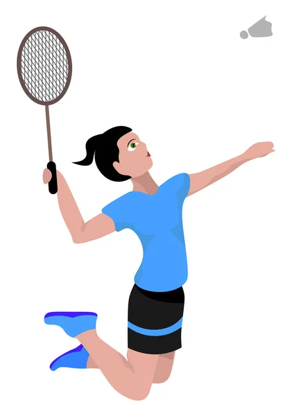 Jumping badminton speler, illustratie, vector op witte backgrou — Stockvector