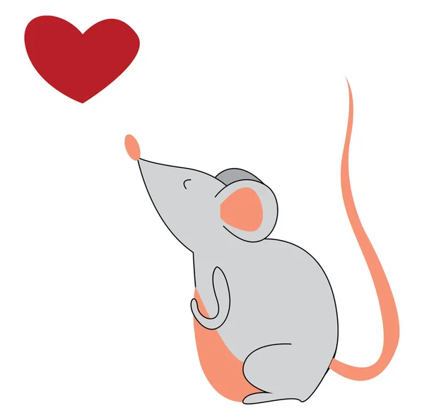 Een muis en een rood hart, vector of kleur illustratie. — Stockvector