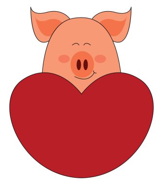 Kırmızı kalpli domuz, illüstrasyon, beyaz arka plan üzerinde vektör.