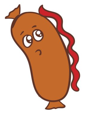 Sırtında ketçap olan sevimli sosis, illüstrasyon, beyaz vektör