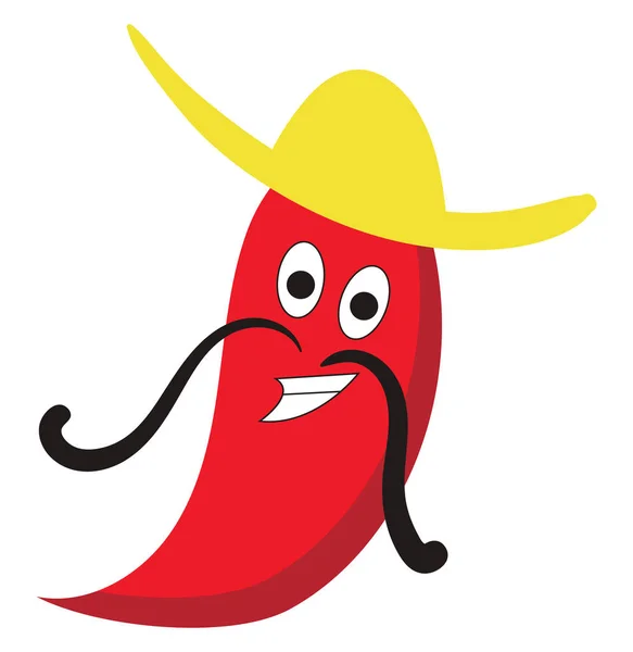 Red chilli pepper with hat and mustache, illustration, vector on — Stock Vector