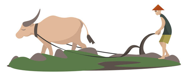 Plowman with animal, illustration, vector on white background.