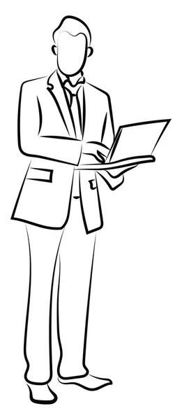 Férfi egy öltöny és a laptop, illusztráció, vektor fehér háttérb — Stock Vector