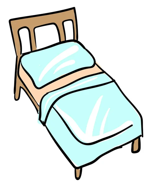 Säng med blå lakan och kudde, illustration, vektor på vit b — Stock vektor
