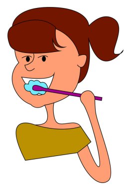 Kız diş fırçalama, illüstrasyon, beyaz arka plan üzerinde vektör.