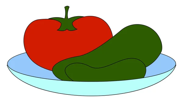 Tomate y pepinos sobre plato, ilustración, vector sobre bac blanco — Archivo Imágenes Vectoriales