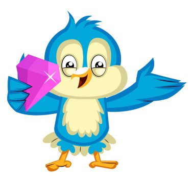 Mavi kuş whi üzerinde pembe bir elmas, illüstrasyon, vektör tutuyor