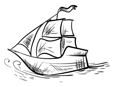 Beyaz arka planda gemi çizimi, illüstrasyon, vektör.