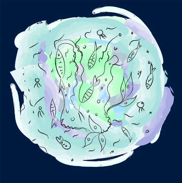 Aqua escena con peces, ilustración, vector sobre fondo blanco — Vector de stock