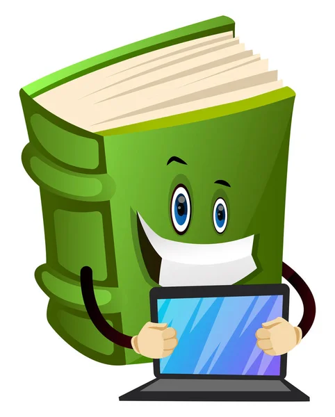 Personaje del libro de dibujos animados está sosteniendo lap top, ilustración, vector — Vector de stock