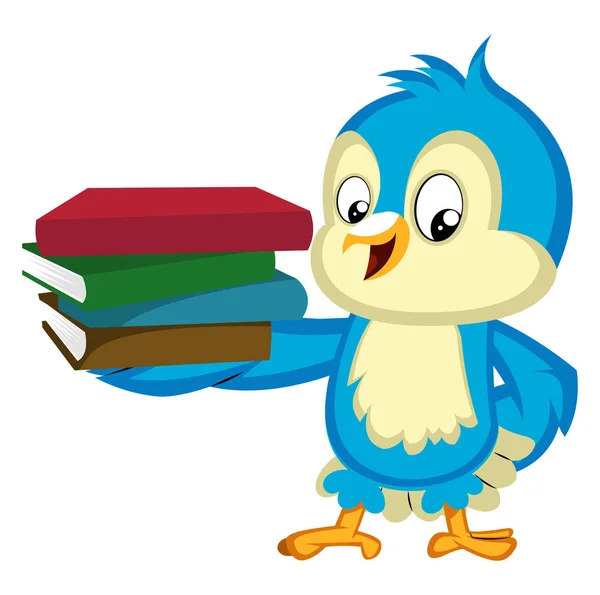 Pássaro azul está segurando uma pilha de livros, ilustração, vetor em wh — Vetor de Stock